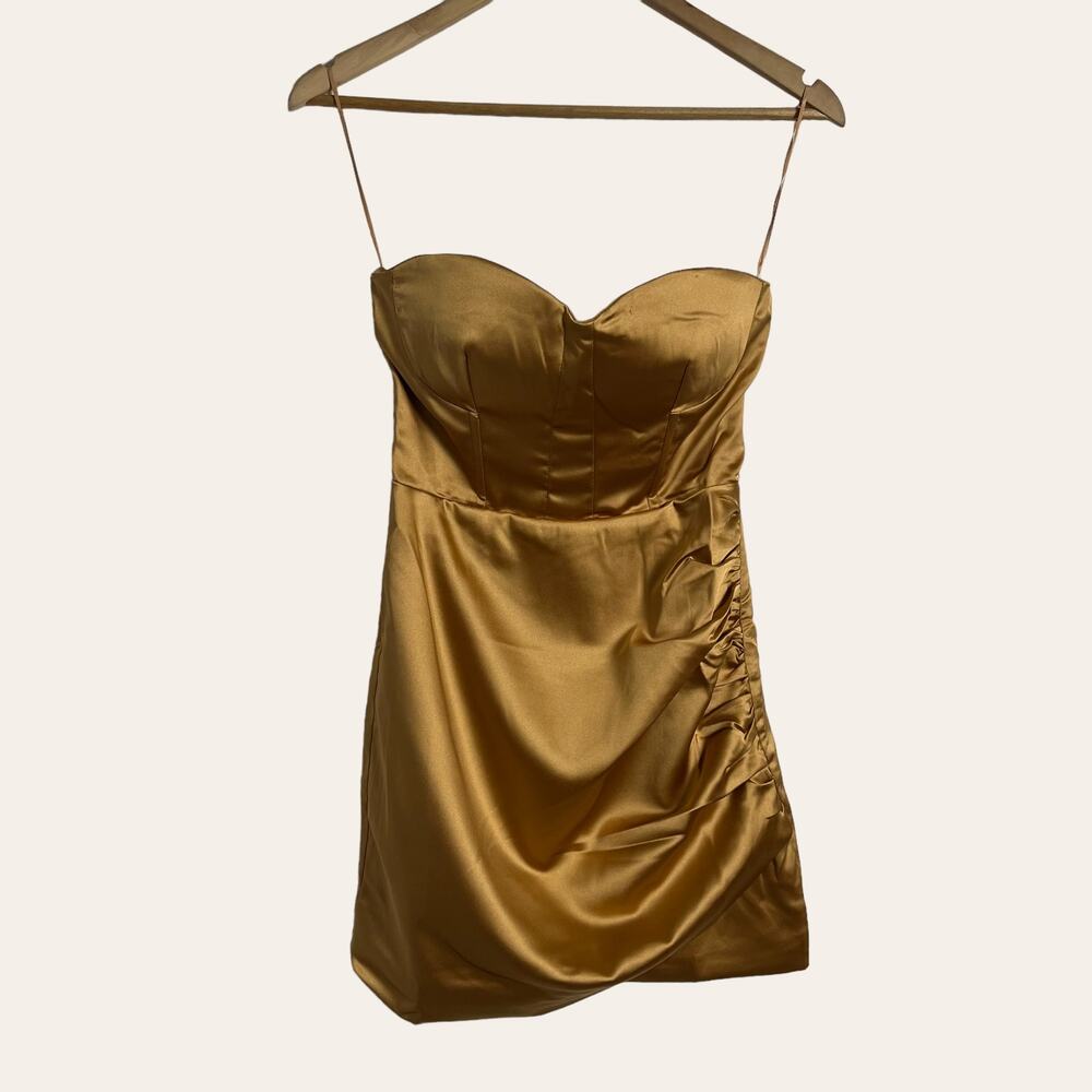 Naked Wardrobe The Statement Gold Bustier Strapless Fitted Mini Dress Sz XS NWT